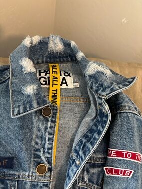 Pam & Gela Distressed Light Blue Denim Jacket with Yellow Strap